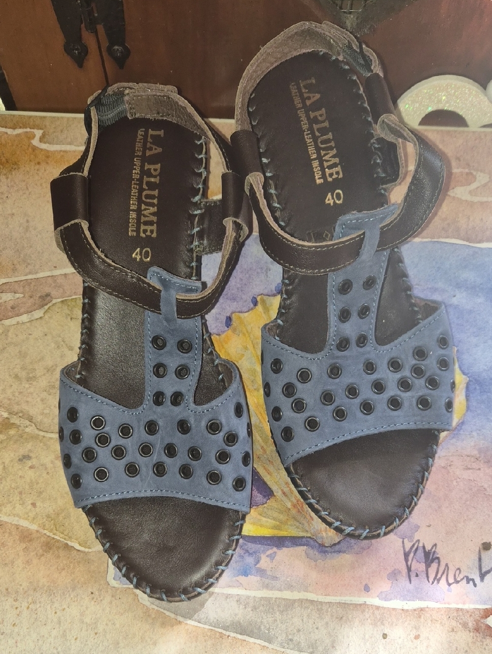 LA PLUME Studded Blue Leather Sandals Sz 40 NEW
